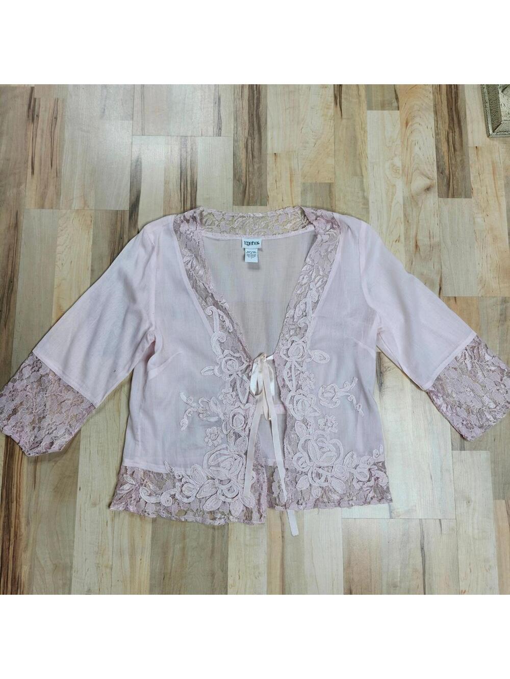 Vintage Together Lace Trim Cardigan Open Front Floral Tie Closure Pink Size 10